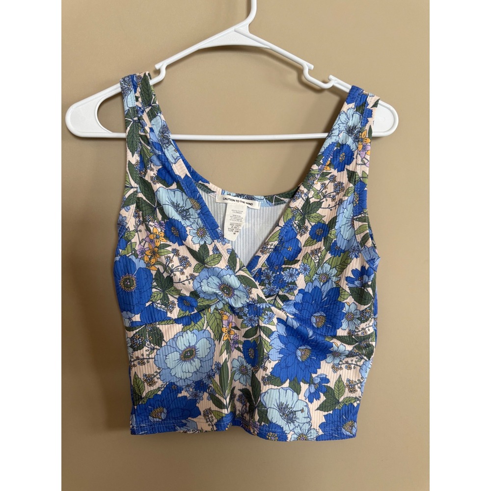 Caution to the Wind Blue Floral Ribbed V-Neck Crop Top Tank Womens Medium